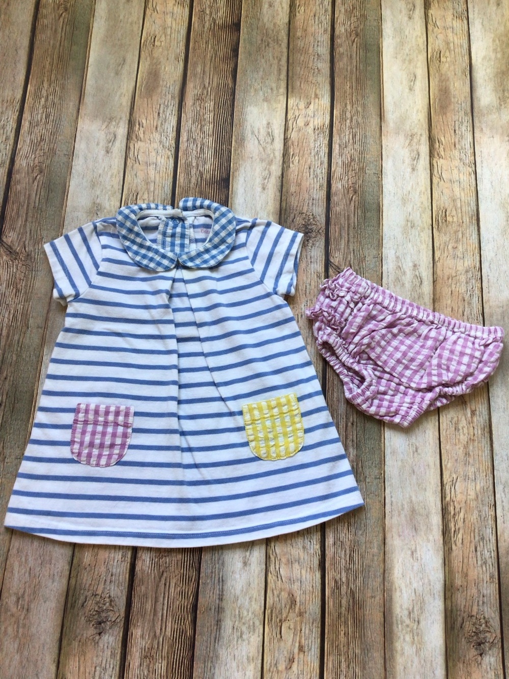 Mini Boden Striped Gingham Pocket Dress & Bloomers